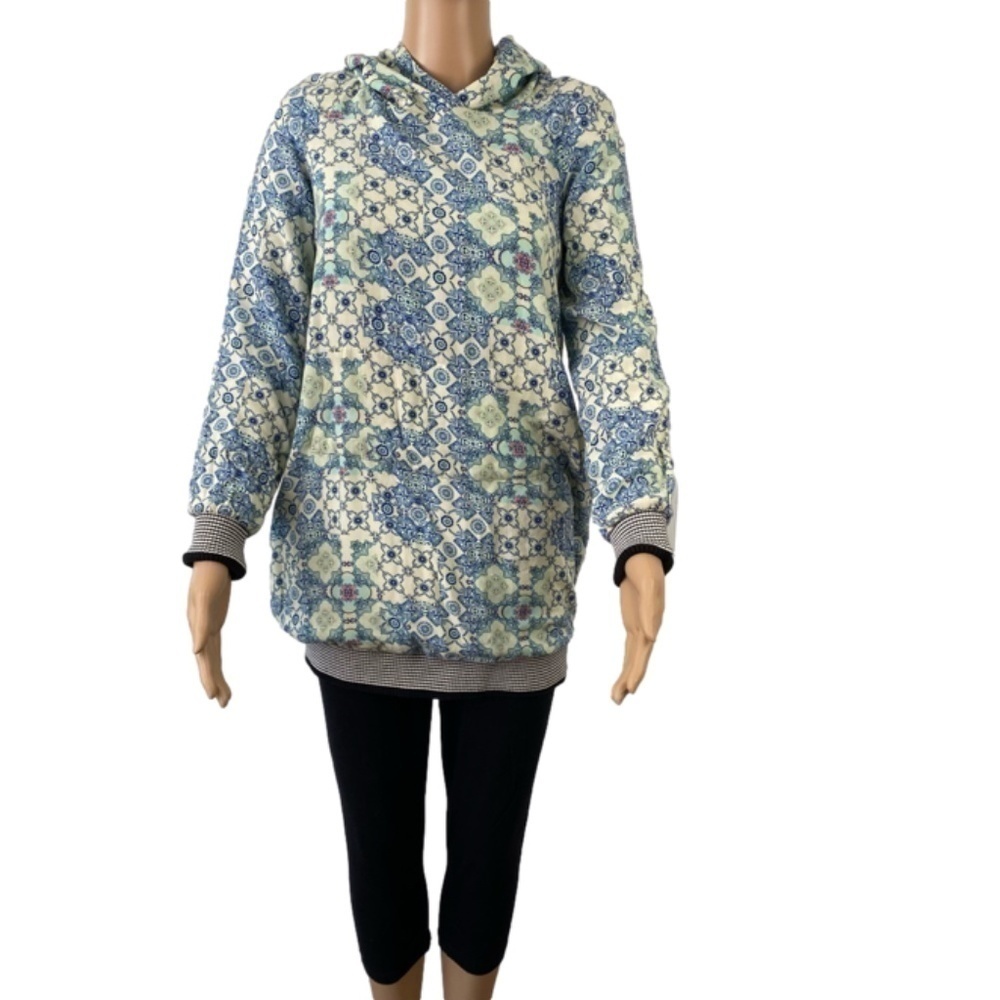HILARY MacMillan size XS tunic length lined hooded shirt ribbed cuffs and hips